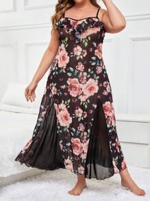 大尺碼女性性感透視花卉印花網紗雙層貼身禮服,配蕾絲邊 - 彩色 - 查看 2