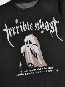 ROMWE MEN Street Life Men's Cartoon Jacquard Short Sleeve Knitwear, Suitable For Daily Wear In Spring And Summer - Black - View 4