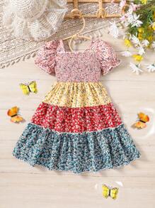 SHEIN Kleid Mit Farbigen Blöcken, Vierkant-ausschnitt Und Puff-ärmel Für Junge Mädchen Mit Floralem Muster - Verschiedenfarbig - Übersicht 1