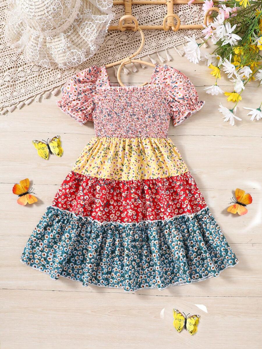 SHEIN Kleid Mit Farbigen Blöcken, Vierkant-ausschnitt Und Puff-ärmel Für Junge Mädchen Mit Floralem Muster - Verschiedenfarbig - Übersicht 1