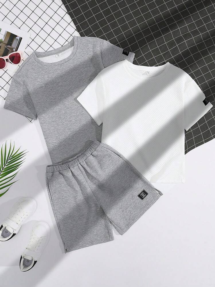 Tween Boys' Casual & Vacation Style Solid With Patchwork Round Neck Loose Fit Tee Shirt, 2 Colors + 1 Knit Shorts 3pcs/Set