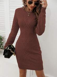 EMERY ROSE Women's Round Neck Long Sleeve Knitted Sweater Dress Fall Winter Cloth For Women - Rust Brown - View 5