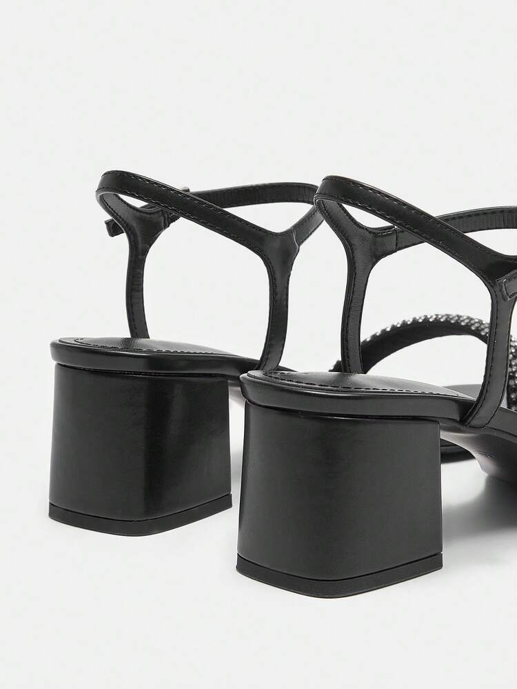 Black Suede Strap With Rhinestone Women's Low Block Heel Sandals