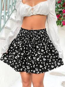 Soleia 女士迷你半身裙,印花圖案,鬆緊收口腰帶和荷葉邊設計 - 黑色 - 查看 3