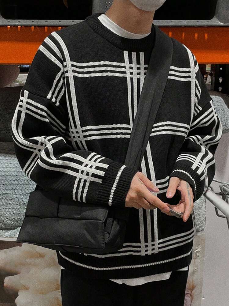 Men's Plaid Drop Shoulder Sweater,Fall Clothes