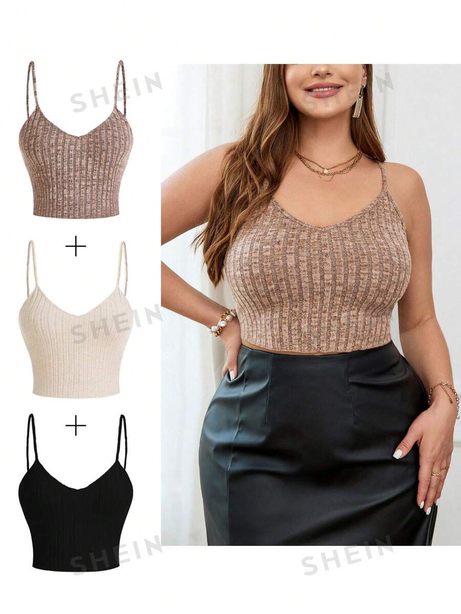 SHEIN Privé Camiseta elegante acanalada de colores múltiples para tallas grandes, surtido de piezas de tops sexys para mujer - vestido, parte superior, top acortado, top corto sexy