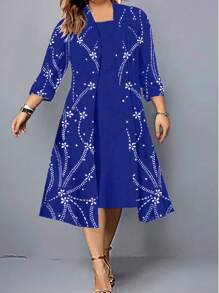 SHEIN Clasi Kích thước lớn Của phụ nữ Hoa In Viền bất đối xứng Tay áo dài Đầm - Xanh đậm - Xem 1
