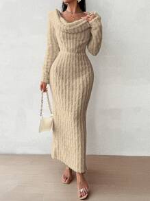 SHEIN Privé Cowl Neck Long Sleeve Hooded Dress - Brown - View 1