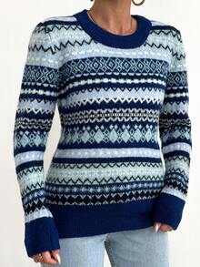 EURMUSE Women'S Geometric Pattern Long Sleeve Sweater - Blue - View 4