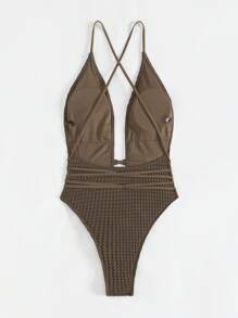 SHEIN Swim 夏季海灘女性性感深V字型交叉肩帶一件式游泳衣泳衣 - 咖啡棕 - 查看 2