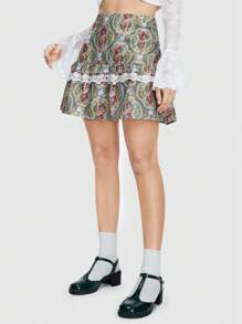 ROMWE Fairycore Falda De Encaje Estampada Al Estilo Palaciego Para Mujer - Multicolor - Ver 1