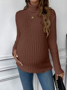 SHEIN Maternity High Neck Slim Fit Sweater With Long Sleeve, For Winter - Brown - View 5