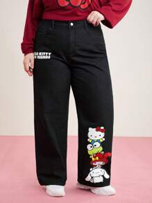 HELLO KITTY AND FRIENDS | SHEIN Plus Cartoon Letter Pattern Straight Leg Jeans