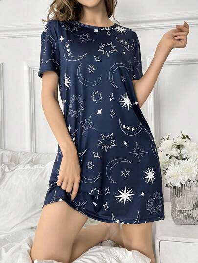 Short Sleeves Pajama Nightdress Starry Sky Printing view 6