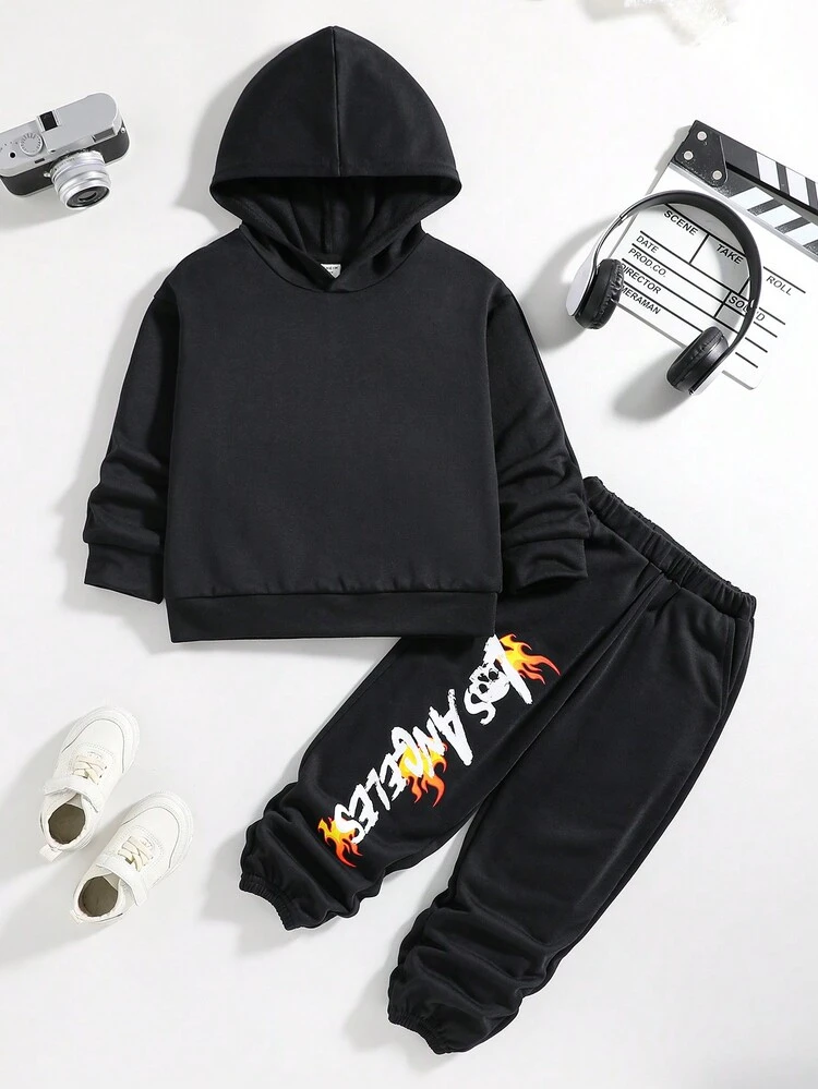 Toddler Boys Casual Comfortable Flame Skull English Print Hoodie & Sweatpants Set, Fleece Thickened