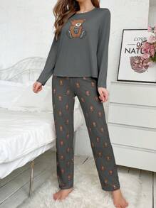 熊印花长袖T恤和裤子睡衣套装，秋季服装 - 深灰色 - 查看 3