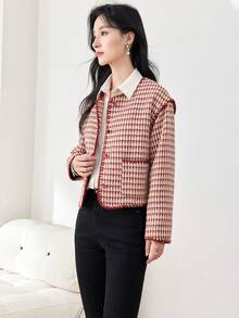 1 件浪漫復古粗紗質地厚格子花呢外套 - 紅色 - 查看 3