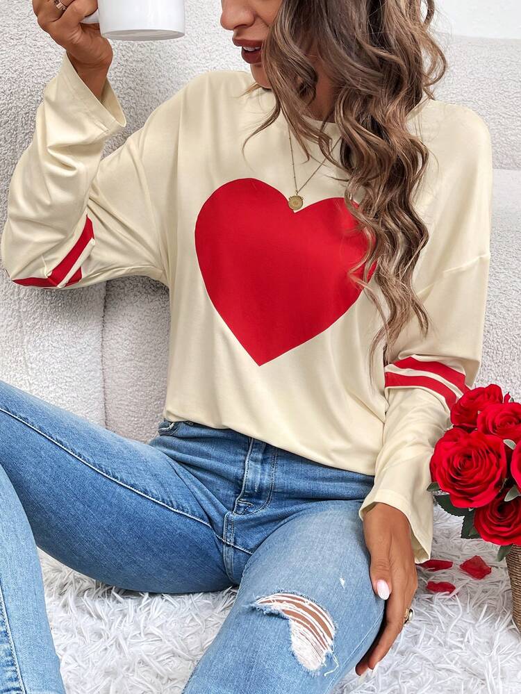 Women's Heart-Shaped Sleeve Striped Print Long Sleeve T-Shirt With Drop Shoulder And Round Neckline