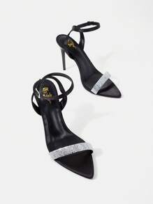 黑色尼龍和銀色水鑽裝飾性感踝帶女用高跟涼鞋 - 黑色 - 查看 1