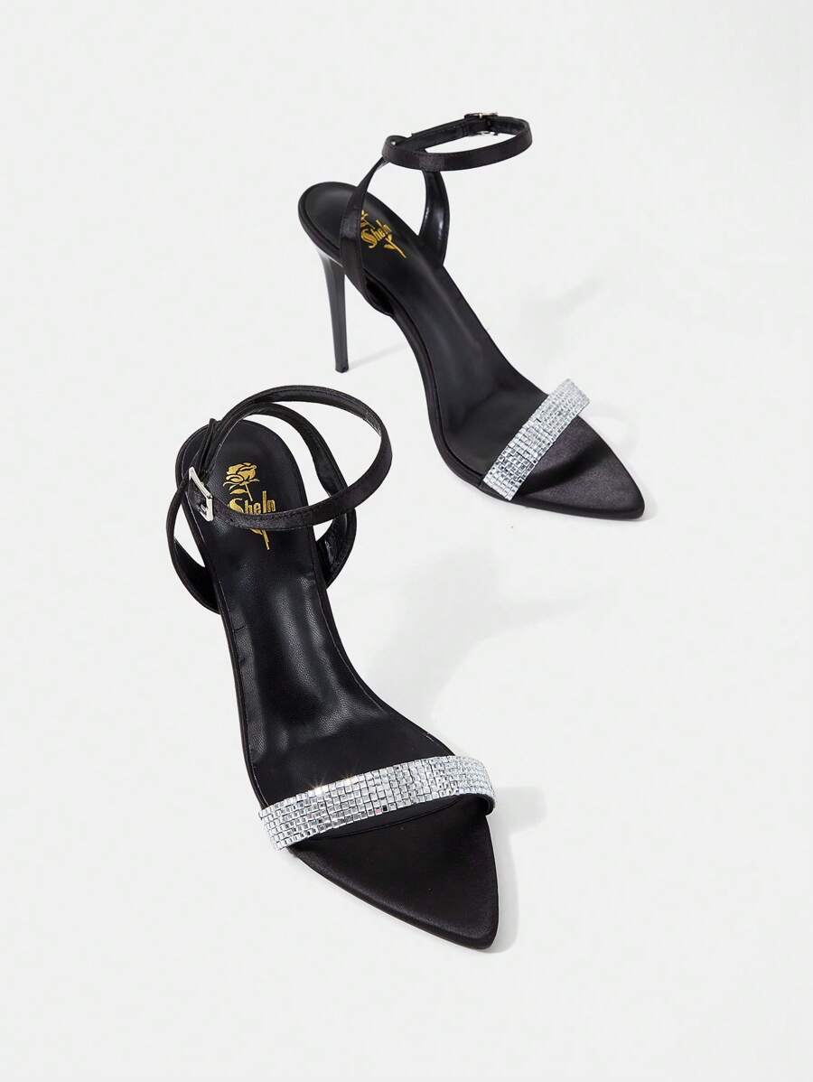 黑色尼龍和銀色水鑽裝飾性感踝帶女用高跟涼鞋 - 黑色 - 查看 1