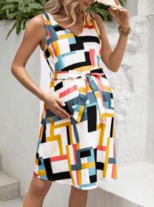 SHEIN Pregnant Women's Sleeveless Geometric Printed Dress For Maternity - Black - View 3