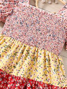 SHEIN Kleid Mit Farbigen Blöcken, Vierkant-ausschnitt Und Puff-ärmel Für Junge Mädchen Mit Floralem Muster - Verschiedenfarbig - Übersicht 6