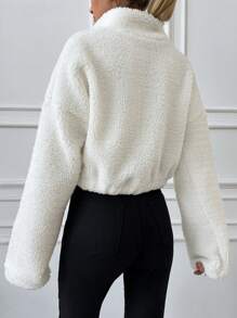 EURMUSE Women'S Solid Color Fleece Half-Zip Sweatshirt With Drop Shoulder - White - View 2