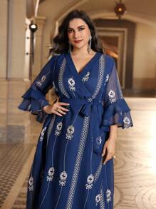Al Najma Plus Size Embroidered Flare Sleeve Wrap Belted Dress Kaftan Jalabiya Dress - Blue - View 4