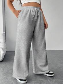 SHEIN EZwear Của phụ nữ Kích thước lớn Rắn màu Rộng chân Quần thể thao Với dây rút Eo - Xám - Xem 4