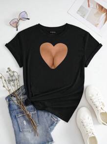 INAWLY Women's Hollow Out Heart Short Sleeve T-Shirt - Black - View 4