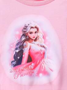 SHEIN Young Girls Printed Character Mesh Contrast Dress With Long Sleeve, For Autumn And Winter - Pink - View 4