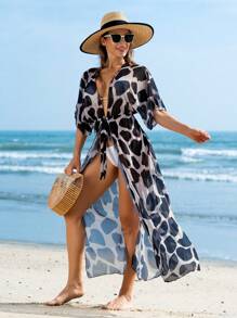 Swim Lushoire 2025 圆点印花抽绳腰长款和服罩衫，度假海滩罩衫夏季 - 彩色 - 查看 5