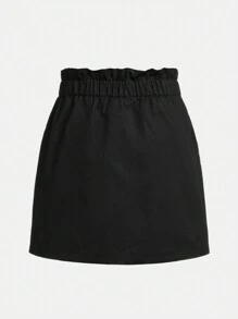 SHEIN Tween 女童梭織純色 A 字裙,高腰紙袋細節 - 卡其色 - 查看 2