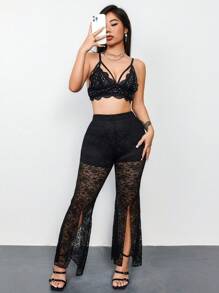 Zolique 女性鉤花插入設計高腰喇叭褲,帶有裂縫 - 黑色 - 查看 3