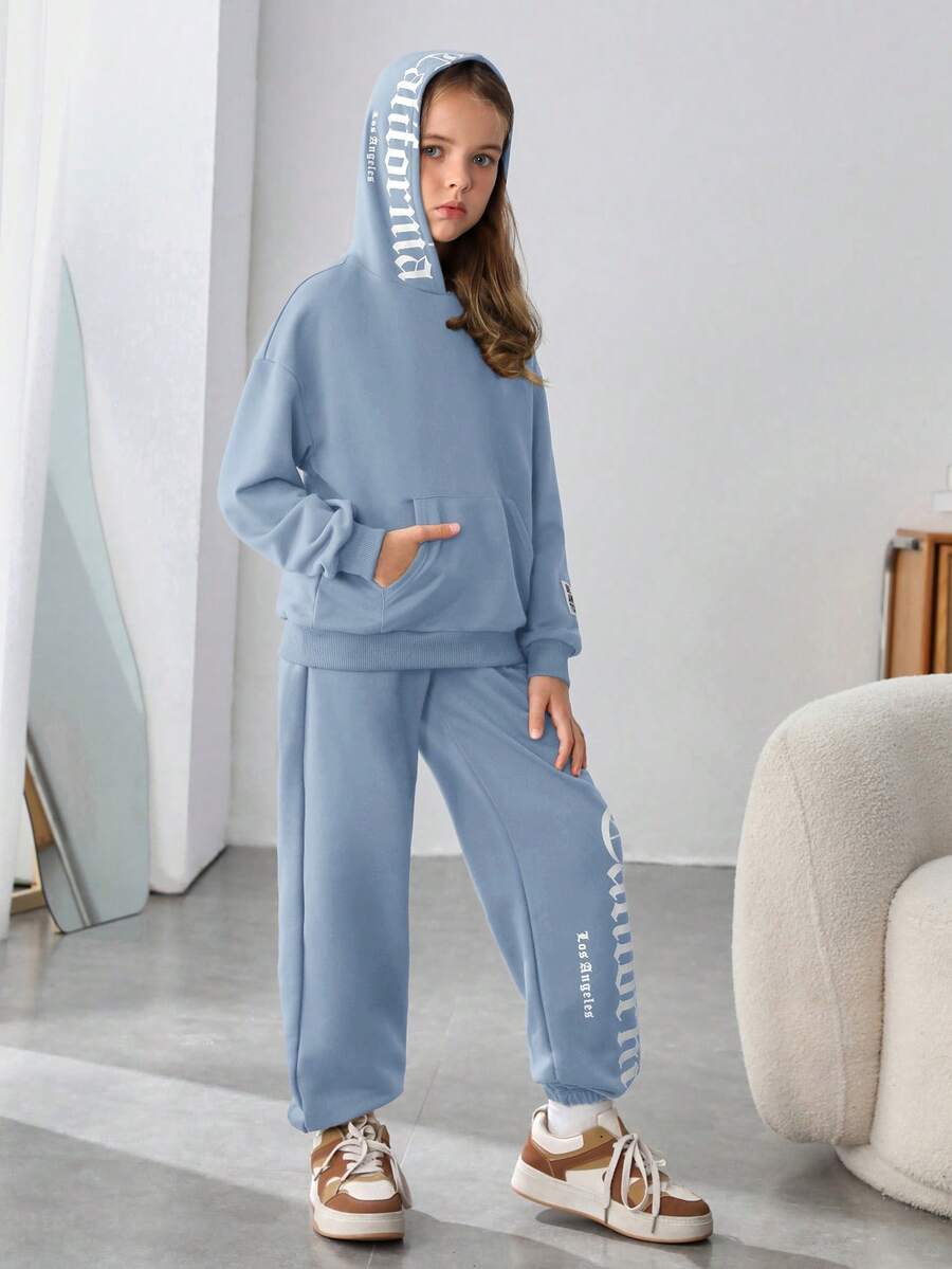 Cô gái Tween Giải trí Dệt kim Lỏng lẻo Áo nỉ có mũ Và Quần Trang phục trên phố Bộ - Màu xanh nhạt - Xem 1