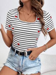 SHEIN LUNE Women Romantic Valentine's Day Red Heart Embroidery Striped Square Neck Short Sleeve T-Shirt - Black and White - View 7