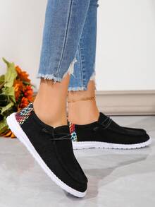 女士圓頭拼色繫帶透氣一腳蹬運動鞋,休閒時尚 - 黑色 - 查看 2