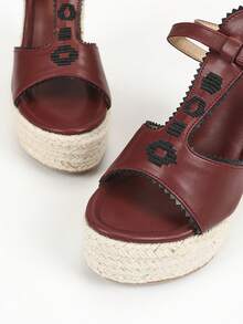 Của phụ nữ Rơm rạ Dệt Dày Gót chân Retro Thêu Dây đeo chữ T Dép xăng đan Với Dày Đế - Màu Đỏ Sâu - Xem 5