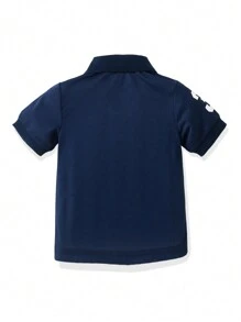 SHEIN Áo polo tay ngắn thêu logo dành cho bé trai, kiểu dáng thường ngày lịch sự, phù hợp cho thể thao, hoạt động ngoài trời, mặc thường ngày, đi nghỉ mát, du lịch, thư giãn, tắm nắng, mùa hè. - Màu xanh hải quân - Xem 2