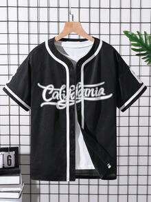 SHEIN Cậu bé Tween Giải trí Phong cách đường phố Lá thư In Dệt kim Mở Áo len Mở Ngắn tay Lưới Áo sơ mi - màu đen - Xem 3