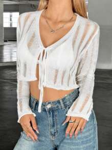 SHEIN Unity Của phụ nữ Xu hướng: Cắt giảm Coa dây Áo len Mở - trắng - Xem 3