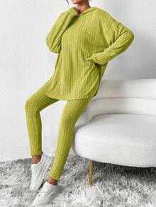 SHEIN Essnce Women Outfit Sets Black Velvet Sweatshirt Hooded Long-Sleeved Warm Tight Leggings Women's Casual Striped Hooded Top Leggings Winter - Lime Green - View 6