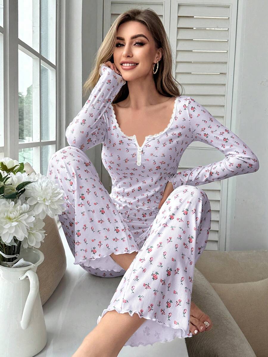 CottageSlumber Women's Casual Multicolor Floral Print Knitted Long Sleeve Top & Pants Pajama Set With Contrast Lace Details, Fall Winter Clothes - Multicolor - View 1