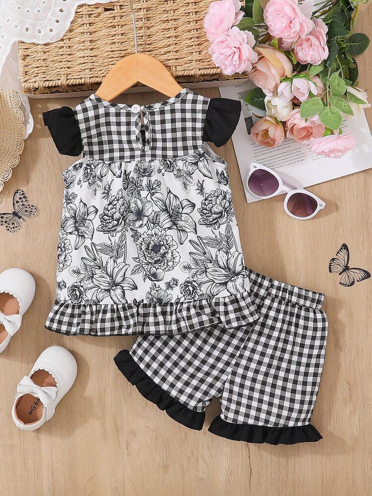 Baby Girls' Elegant Plaid Patchwork Floral Pattern Printed Short Sleeve Top And Shorts Set