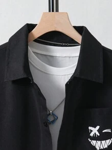 Chemise Noire En Toile Unie Avec Imprimé Emoji Pour Garçon - Noir - Voir 5
