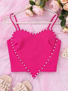 SHEIN Teen Girls' Pearl Beaded Spaghetti Strap Tank Top - Hot Pink - View 1