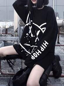 INAWLY Ladies' Cartoon Letter Print Round Neck Long Sleeve T-Shirt Graphic Tees Women Tops For Spring - Black - View 1