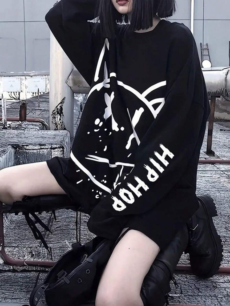 INAWLY Ladies' Cartoon Letter Print Round Neck Long Sleeve T-Shirt Graphic Tees Women Tops For Spring - Black - View 1