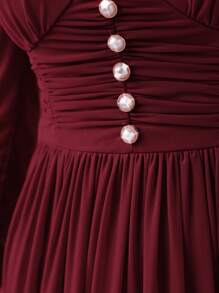 Modelyn 勃艮第红女士 V 领褶皱长袖连衣裙 - 酒紅色 - 查看 4