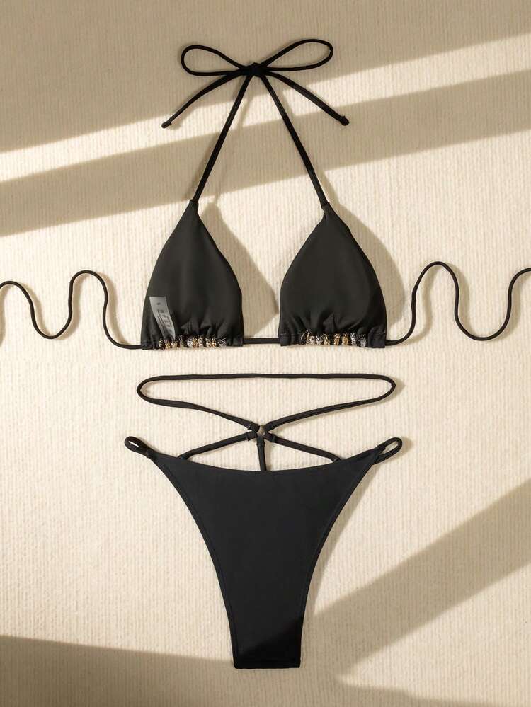 Women's Halter Neck High Leg Cutout Bikini Set With Sparkling Thread Detail Summer Beach